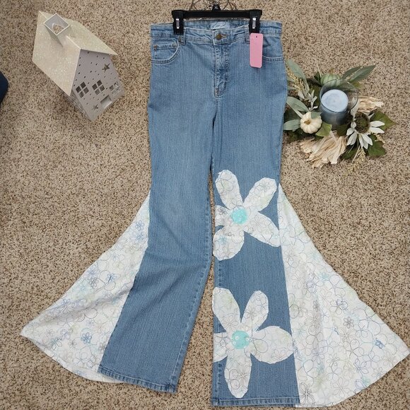 Handmade Denim - 3457 Size 6 Kim Rogers Upcycled Bell-Bottoms in Green and Blue Embroidery.
